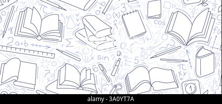 Mathematics doodle print. School education and open and closed various books. Scientific library, conference. Vector hand drawn line sketch on white b Stock Vector