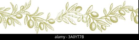Olive seamless print. Green tree, fruits. Vector greek plantation. Mediterranean food, aroma oil. Vintage engraving monochrome background for fabric, Stock Vector