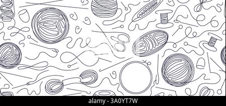 Embroidery kit. Knitting pattern. Hoop frame, threads, needle, scissors, handicraft accessories. Crafting hand hobby. Balls of thread. Vector continuo Stock Vector