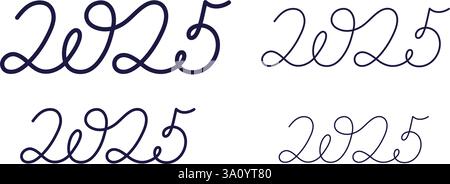 2025 one continuous line set. New year or Christmas date symbol with editable thin stroke. Simple vector sketch for calendar, presentation, poster in Stock Vector
