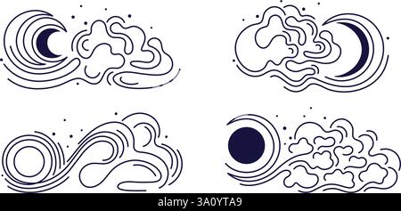 Moon phase. Line vector set. Tarot, magic card. Different cycle from new moon to full. Cloudy weather, sky and star. Magic abstract outline illustrati Stock Vector