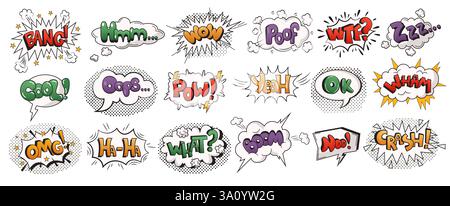 Collection of comic style speech bubbles with pop art expressions including bang cool omg and more. Vibrant colors and dynamic typography evoke a play Stock Vector