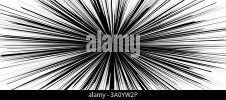 Black and white abstract pattern with dynamic lines converging at the center creating an explosive effect resembling a burst or radiating energy. Stock Vector