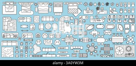 Vector illustration of furniture top view set including beds sofas tables chairs sinks bathtubs plants and decor elements. Ideal for interior designer Stock Vector