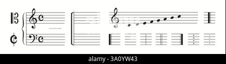 Illustration featuring various musical notations including treble and bass clefs, time signature, notes on staff lines, and bar lines in a linear arra Stock Vector