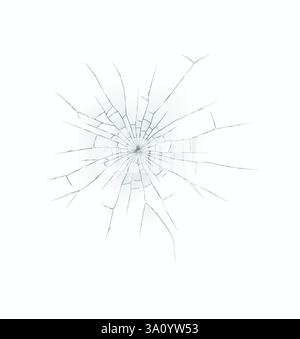 Illustration of circular shattered glass pattern creating spider web effect isolated on white background. Detailed fracture lines radiate outward from Stock Vector