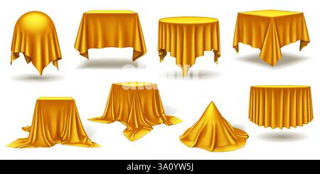 Golden silk and satin fabric forming geometric shapes realistic color icons set. Elegant grand event opening 3d objects bundle on white background Stock Vector