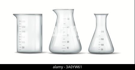 Illustration of three laboratory glassware containers including two flasks and a beaker with measurement markings depicting essential scientific equip Stock Vector