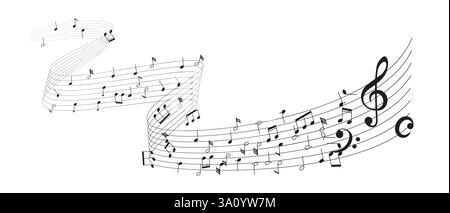 Illustration of flowing musical notes on curved staff lines. Diverse symbols and notes create a dynamic representation of melody and harmony. Stock Vector