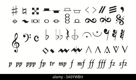 An array of musical notation symbols including dynamic markings and clefs. These symbols represent pitch, rhythm, tempo, dynamics used by musicians to Stock Vector