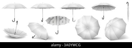 Blank parasols showing various views realistic color icons set. Accessory in different perspectives 3d objects bundle on white background Stock Vector