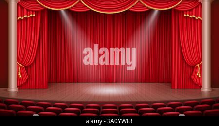 A stunning 3D-rendered vector illustration of a grand theater stage with golden curtain details, wooden columns, and dramatic spotlights enhancing the Stock Vector