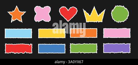 Jagged Rectangle. Colorful grunge frames. Square, heart, crown shaped with torn paper effect. Ripped shapes silhouettes isolated on black background Stock Vector