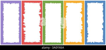 Colorful rectangle form with jagged edges. Ripped and cutout paper torn strip. Set of Vertical Grunge Frames. Vector illustration isolated on white Stock Vector