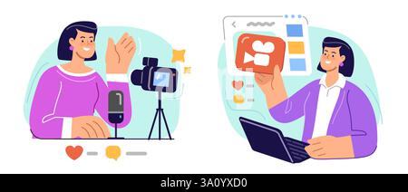 Blogger making video for blog. Woman creates and publishes content online to attract audience from social media Stock Vector