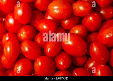 Close-up view of ripe cherry tomatoes with a rich red hue, their skins reflecting soft light for a fresh and appetizing look. Stock Photo