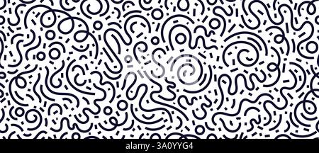 Doodle cool abstract pattern, art scribble, long chaotic ribbons. Hand drawn fashion background. Vector line chaotic textile. Monochrome memphis wallp Stock Vector