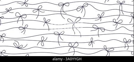 Thin bow for box decoration. Black line seamless pattern. Vector gift ribbon, present knots and wrap pack on white background. Girly wallpaper, textil Stock Vector