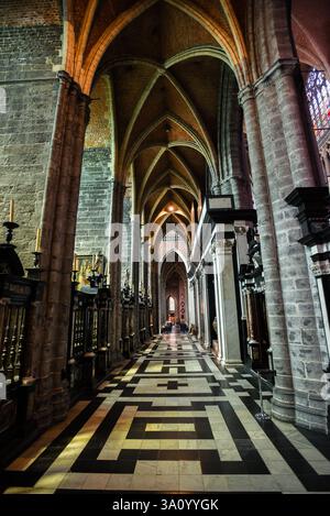 Vaulted Arches and Checkered Marble Floor in Saint Bavo's Cathedral - Ghent, Belgium Stock Photo