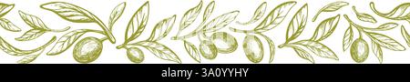 Horizontal olive branch, green fruit. Fresh oil. Vector hand drawn pattern. Mediterranean border on white background. Vintage packaging design for fab Stock Vector