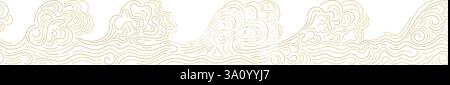 High ocean waves, line pattern of sea. Abstract landscape in oriental style. Line vector golden texture border on transparent background. Tradition ch Stock Vector