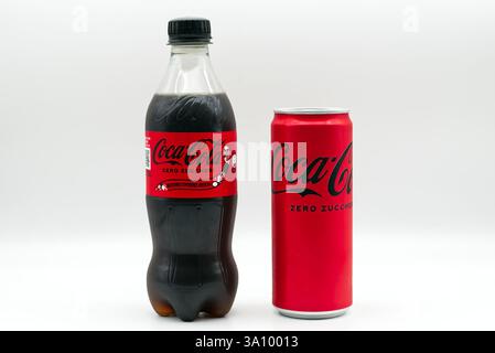 Coca-Cola Zero Sugar bottle and can isolated on a white background. Stock Photo