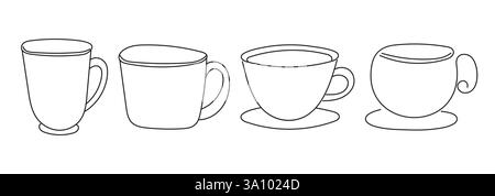 Coffee mug outline drawing. Doodle hand drawn coffee or tea cups. Stock Vector