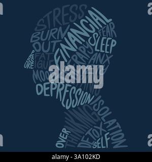 Mental Health words lettering in head concept. Health awareness concept art. Vector Lettering design illustration for web, media, other graphic design Stock Vector