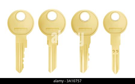 Realistic gold keys on white background. Set of circular head unlock devices with different teeth patterns design. Realistic metallic security objects for door locks, safes or residential access. Stock Vector