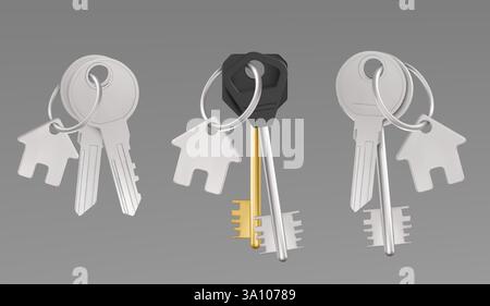 Key sets with house shaped keychains on metal rings. Realistic 3D render of bunches of access tools - silver and gold with different head designs, attached to fobs for real estate or property concept. Stock Vector