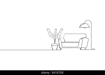 Living room sofa with lamp and potted plant one line art and minimalist style isolate outline icon Stock Vector