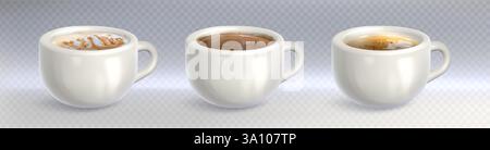 Coffee mug mockup set with white ceramic cups filled with different brew varieties. Cappuccino with foam, dark espresso and light americano beverages. Realistic drinkware display for menu or branding. Stock Vector