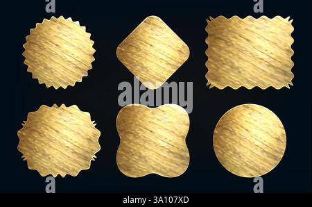 Gold foil stickers in various geometric shapes - circular, square and rectangular with wavy edges designs with brushed metallic texture on dark background. Premium elements for luxury product labels. Stock Vector