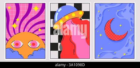 Groovy space poster set with orange sun on pink grid, UFO with red flow light on checkered pattern, crescent on blue starry sky. Retro cosmic collection with vibrant colors for banner design. Stock Vector