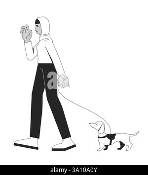 Muslim hijab woman walking dachshund dog on leash 2D line character Stock Vector