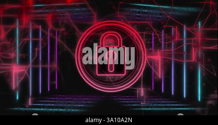 Glowing padlock icon and digital lines, data security image over dark background Stock Photo