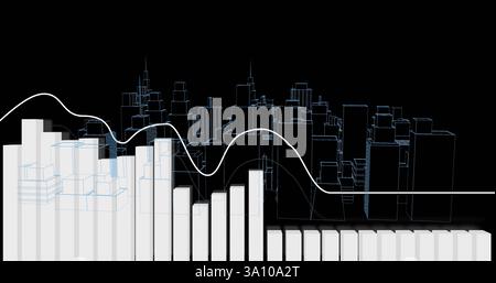 Bar graph and line chart over image of city skyline at night Stock Photo
