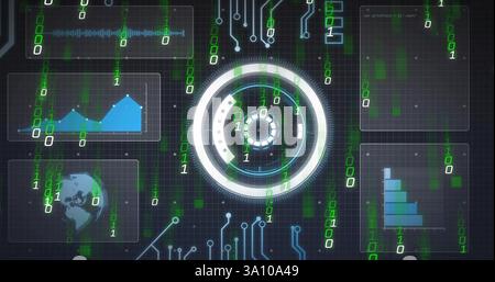 Digital circuit board and binary code image over futuristic interface Stock Photo