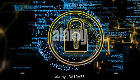 Lock and security image over digital code and data visualization Stock Photo