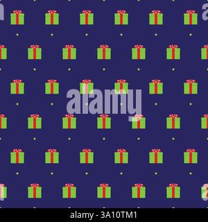 Green gift boxes with golden ribbon seamless pattern vector on blue background Stock Vector