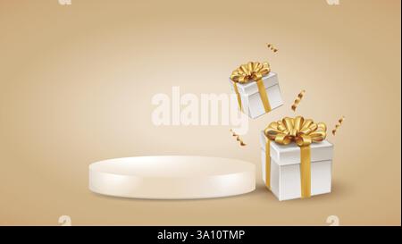 Gift wrapped with golden ribbon and podium element 3d realistic design Stock Vector