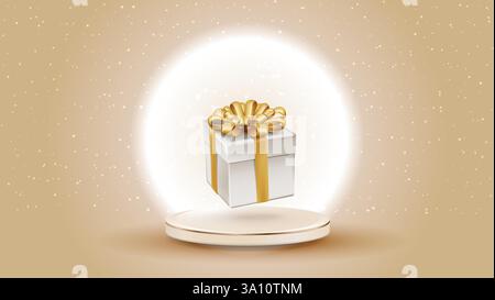 Gift wrapped with golden ribbon on product podium, sparkle in background golden elements realistic design Stock Vector