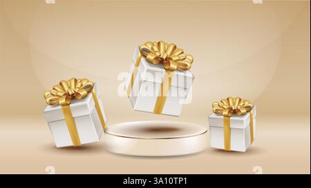 product podium with golden ribbon wrapped gifts 3d realistic design vector illustration Stock Vector