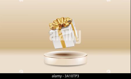 Gift wrapped with golden ribbon on product podium 3d realistic elements vector illustration Stock Vector