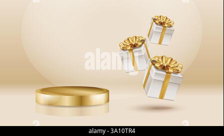 Product podium with sparkle golden gifts luxury background 3d realistic scene design vector illustration Stock Vector