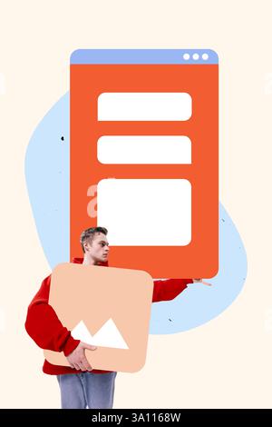 Contemporary art collage. Young man in red hoodie holding oversized web interface, symbolizing content creation, digital platforms, online expression. Stock Photo