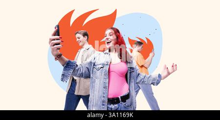 Creative art collage. Young woman excitedly taking selfie while two men engage with phones, fiery elements symbolizing trend news. Stock Photo