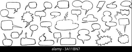 Speech bubbles crayon set. Collection of hand drawn chalk elements. Cute child black dialog boxes on white background. Vector charcoal handwriting Stock Vector