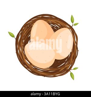 Three eggs in the bird nest. View from above. Vector illustration in flat cartoon style. Stock Vector