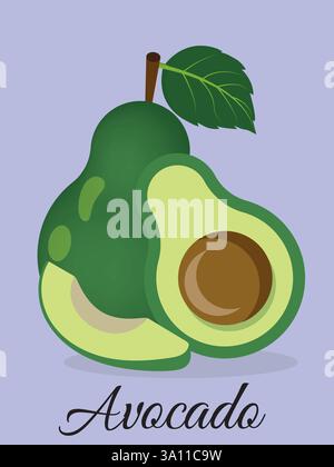 Avacado and Avocado slices vector flat design illustration, Green Avocado hand drawn flat vector icon isolated on Purple. Stock Vector